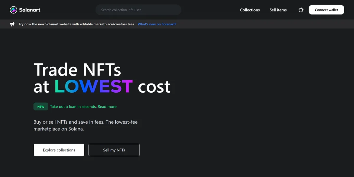 Solanart homepage, the first NFT marketplace on Solana