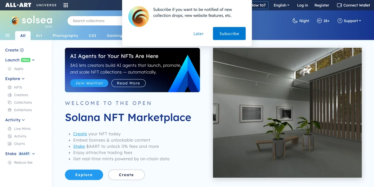 SolSea homepage, a Solana NFT marketplace with embedded licences