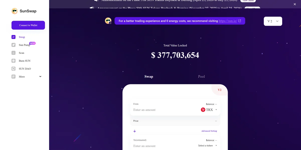 SunSwap homepage in 2026, one of the platforms listed as non-KYC crypto exchanges in this guide