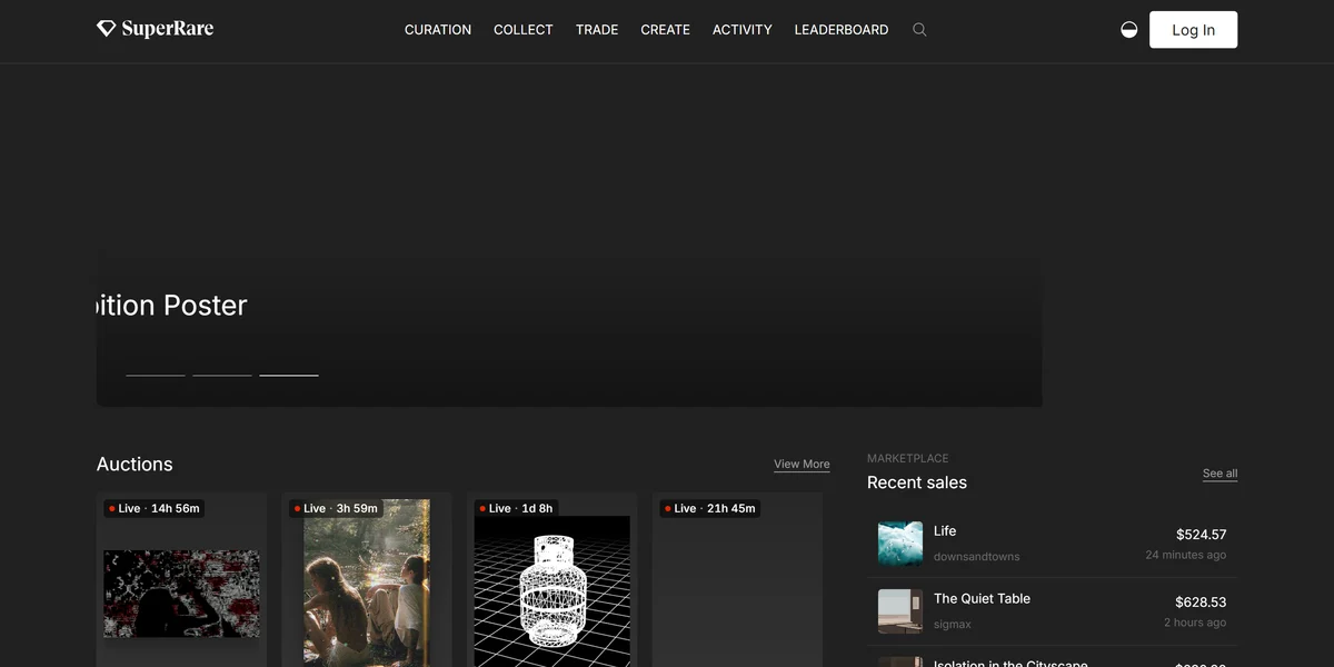 SuperRare homepage in 2026, one of the best NFT marketplaces compared in this guide