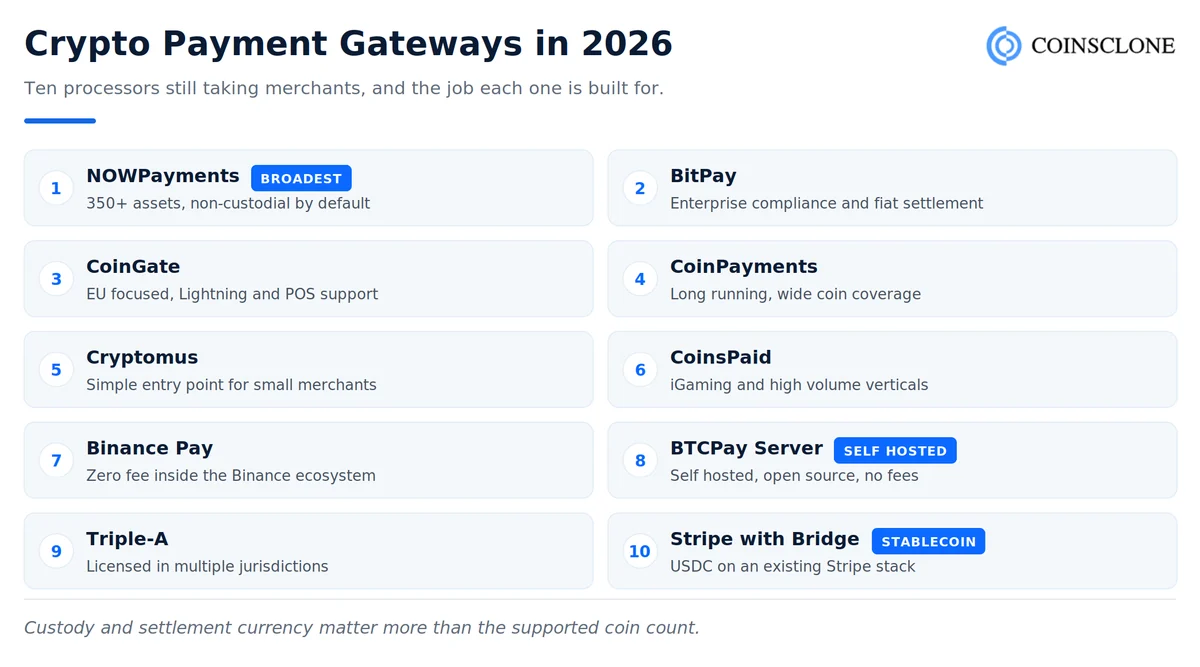 Top crypto payment gateways in 2026 compared: NOWPayments, BitPay, CoinGate, CoinPayments, Cryptomus, CoinsPaid, Binance Pay, BTCPay Server, Triple-A and Stripe with Bridge