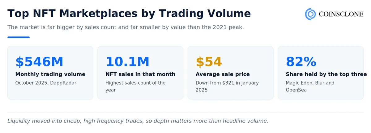 Top NFT marketplaces by trading volume in 2026 showing monthly NFT trading volume, sales count, average sale price and combined market share