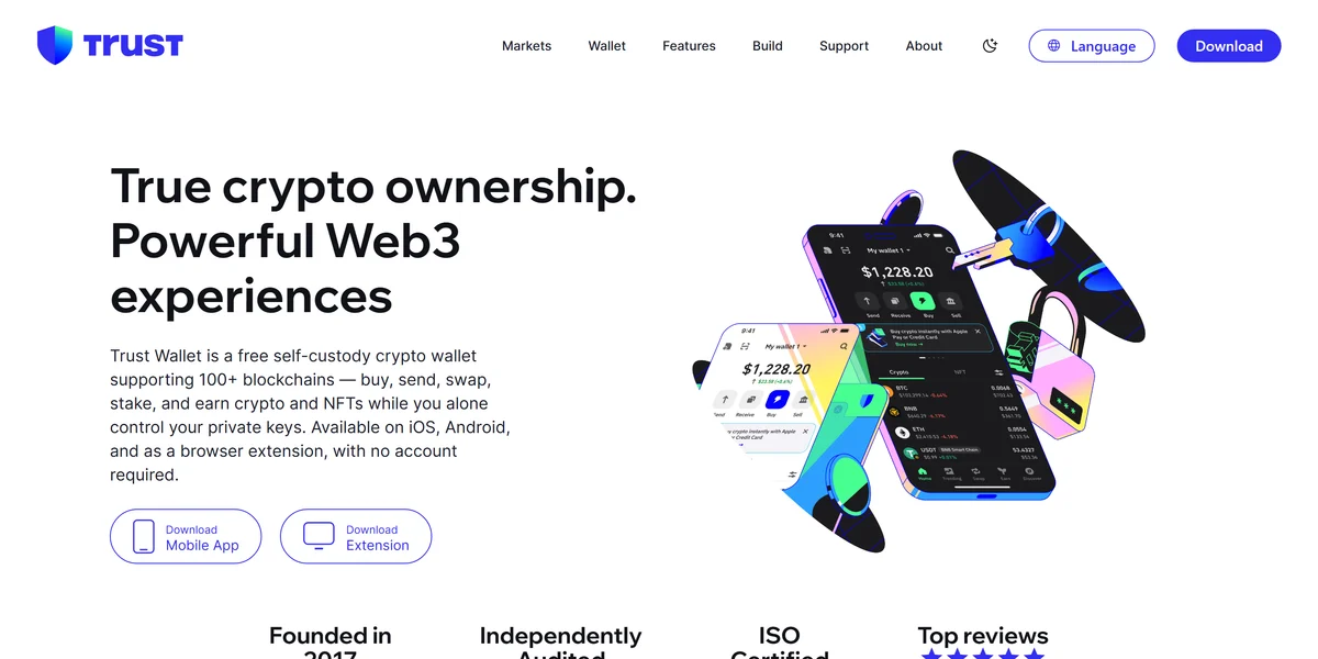 Trust Wallet homepage in 2026, one of the best crypto wallets compared in this guide