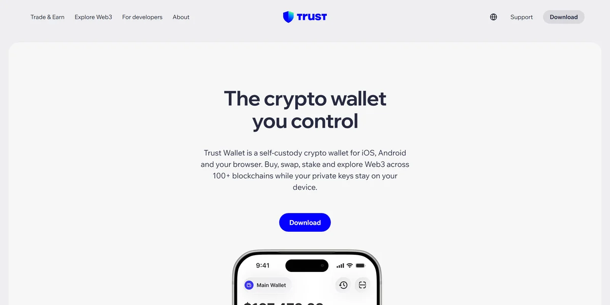 Trust Wallet crypto wallet homepage