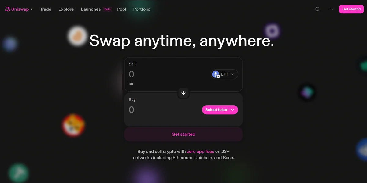 Uniswap homepage, the largest decentralized exchange by volume