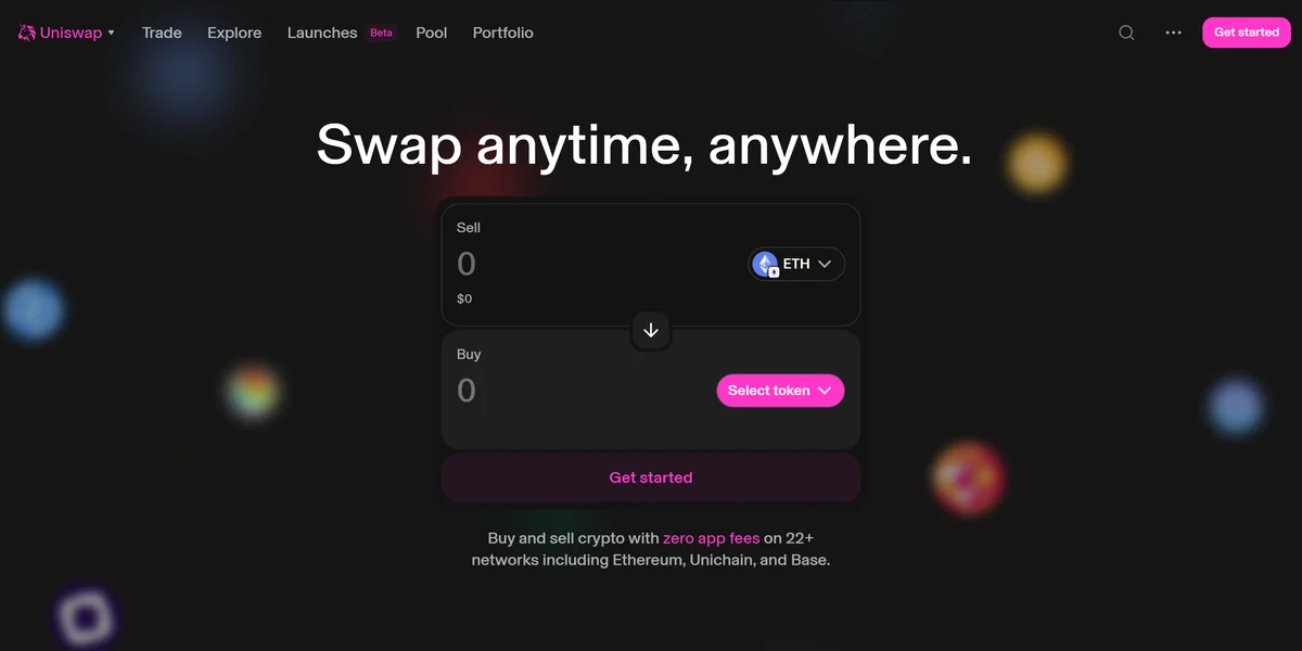 Uniswap homepage in 2026, one of the platforms listed as non-KYC crypto exchanges in this guide