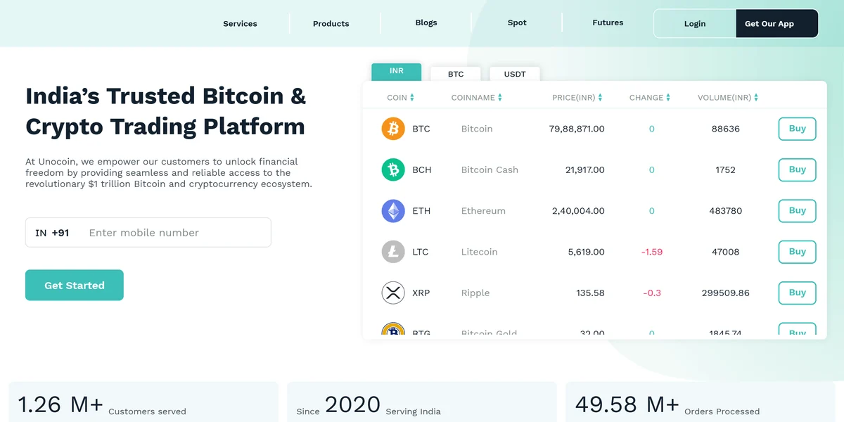 Unocoin homepage in 2026, one of the best crypto exchanges in India compared in this guide