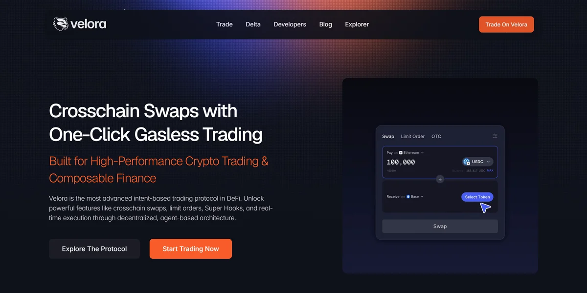 Velora homepage, the DEX aggregator formerly known as ParaSwap