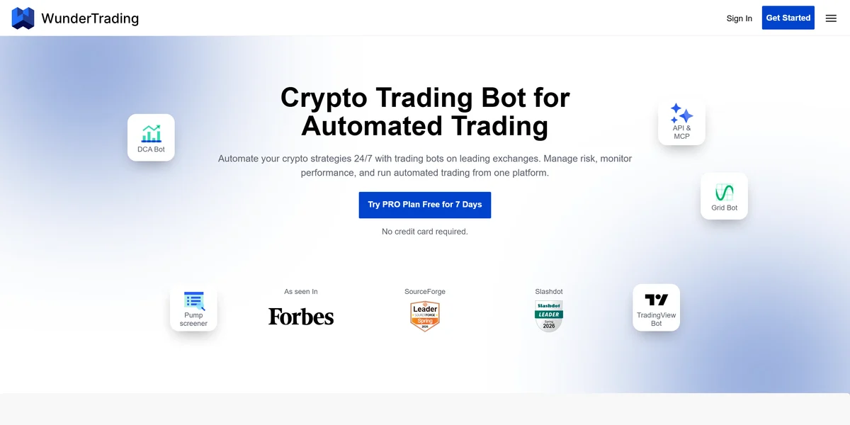 WunderTrading homepage, offering market-neutral statistical arbitrage bots