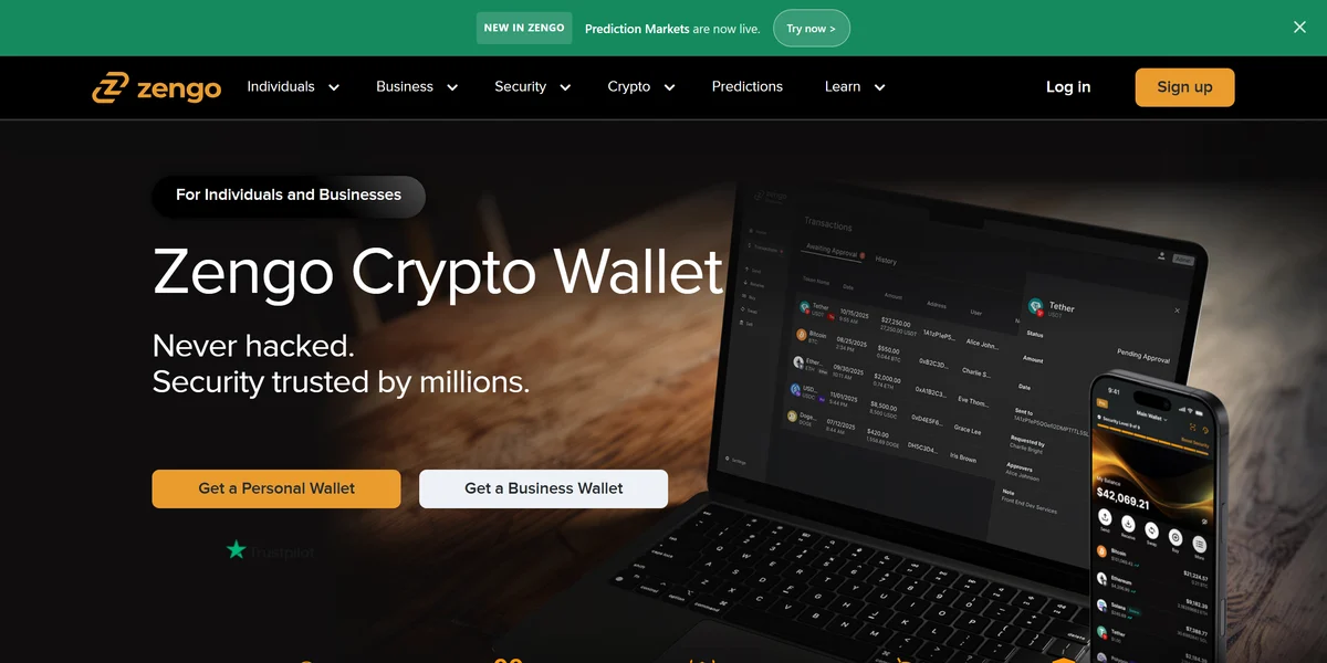 Zengo homepage in 2026, one of the best crypto wallets compared in this guide